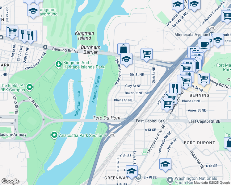 map of restaurants, bars, coffee shops, grocery stores, and more near 232 33rd Street Northeast in Washington