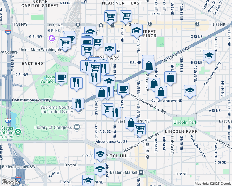 map of restaurants, bars, coffee shops, grocery stores, and more near 501 C Street Northeast in Washington