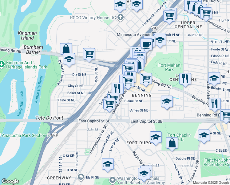 map of restaurants, bars, coffee shops, grocery stores, and more near 200 36th Street Northeast in Washington