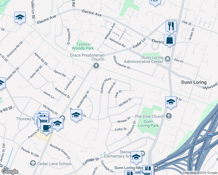 map of restaurants, bars, coffee shops, grocery stores, and more near 2408 Drexel Street in Vienna
