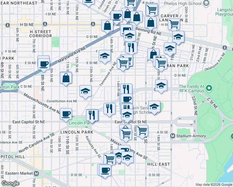 map of restaurants, bars, coffee shops, grocery stores, and more near 101 Independence Avenue Southeast in Washington