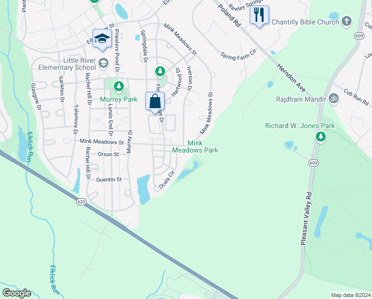 map of restaurants, bars, coffee shops, grocery stores, and more near 43599 Mink Meadows Street in Chantilly