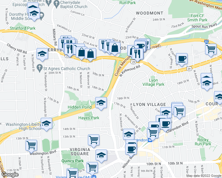 map of restaurants, bars, coffee shops, grocery stores, and more near Custis Memorial Pkwy in Arlington