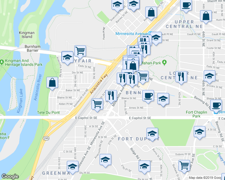 map of restaurants, bars, coffee shops, grocery stores, and more near 200 36th Street Northeast in Washington