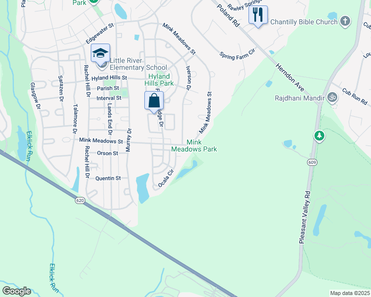 map of restaurants, bars, coffee shops, grocery stores, and more near 43599 Mink Meadows Street in Chantilly