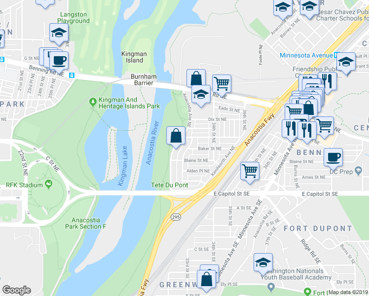 map of restaurants, bars, coffee shops, grocery stores, and more near 234 33rd Street Northeast in Washington