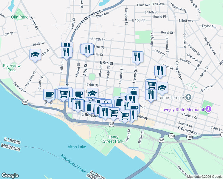 map of restaurants, bars, coffee shops, grocery stores, and more near 412 East 6th Street in Alton