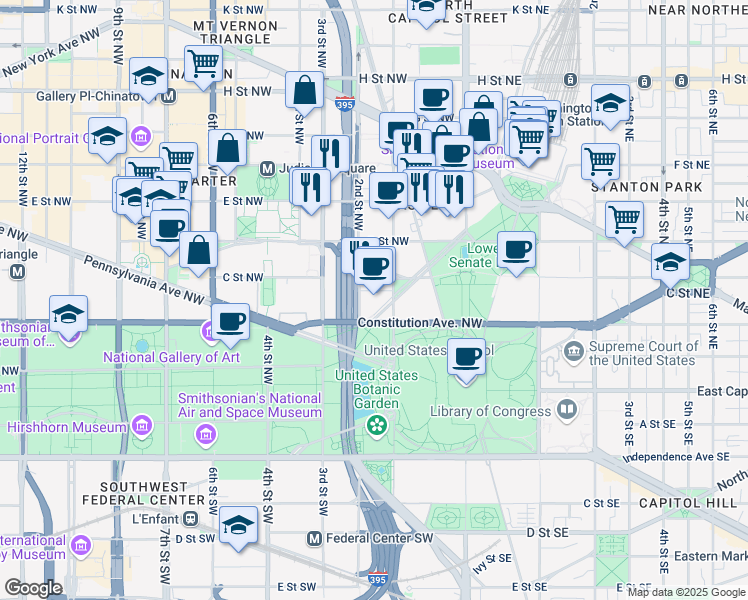 map of restaurants, bars, coffee shops, grocery stores, and more near 101 Constitution Avenue Northwest in Washington