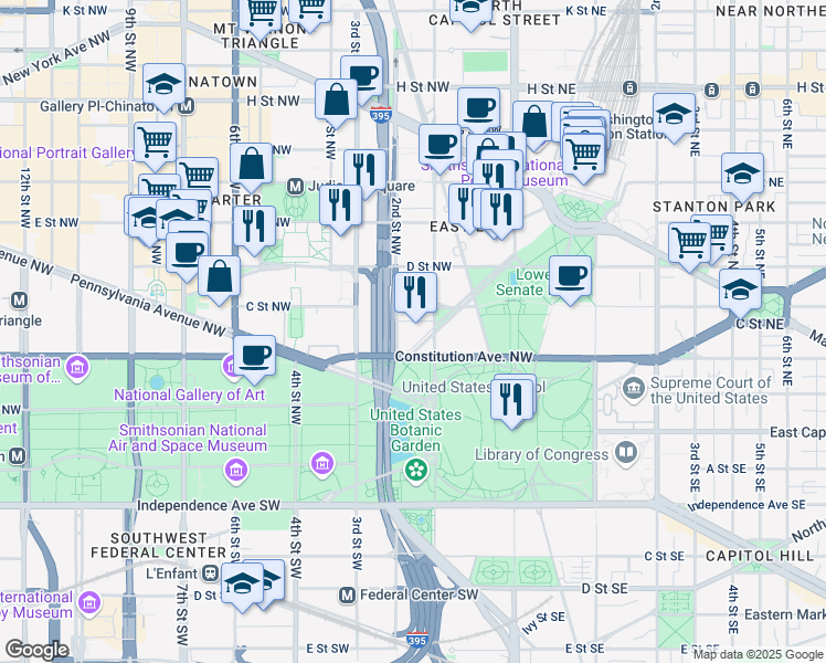 map of restaurants, bars, coffee shops, grocery stores, and more near 101 Constitution Avenue Northwest in Washington