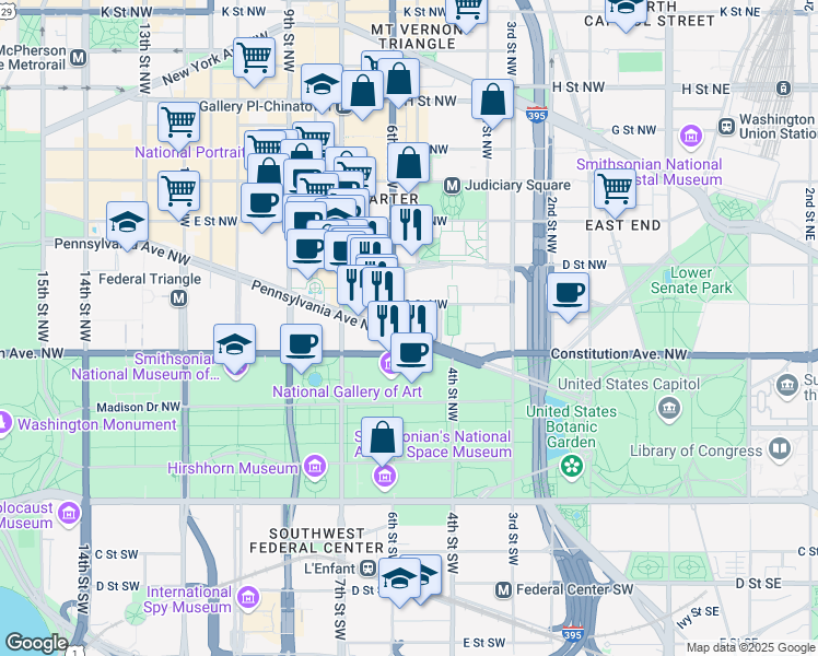map of restaurants, bars, coffee shops, grocery stores, and more near 555 Pennsylvania Avenue Northwest in Washington
