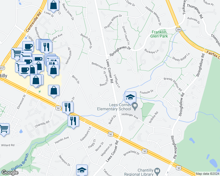 map of restaurants, bars, coffee shops, grocery stores, and more near 13500 Chevy Chase Court in Chantilly