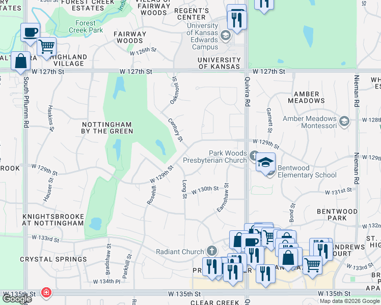 map of restaurants, bars, coffee shops, grocery stores, and more near 12855 Century Street in Overland Park