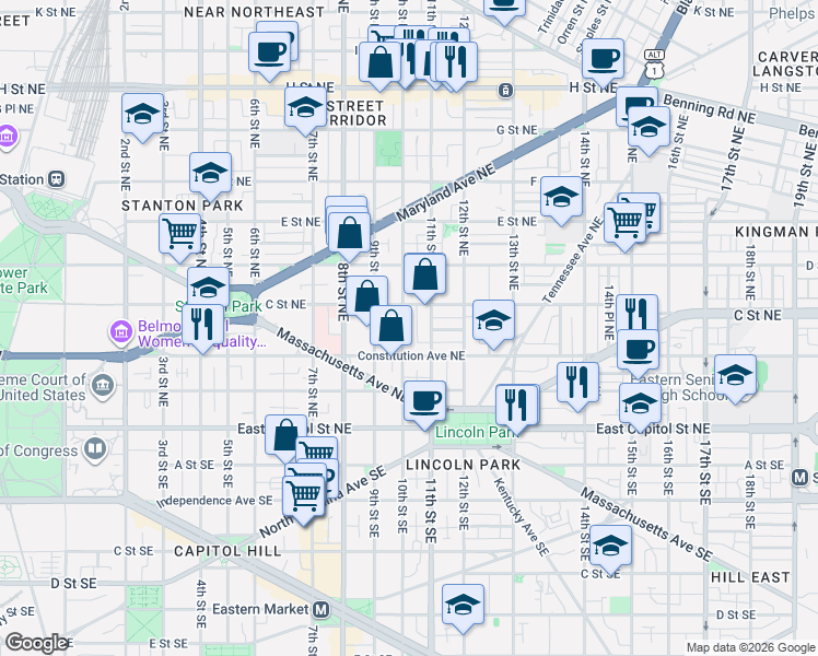 map of restaurants, bars, coffee shops, grocery stores, and more near 101 Independence Avenue Southeast in Washington