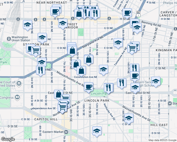 map of restaurants, bars, coffee shops, grocery stores, and more near 228 11th Street Northeast in Washington