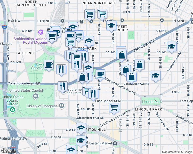 map of restaurants, bars, coffee shops, grocery stores, and more near 511 C Street Northeast in Washington