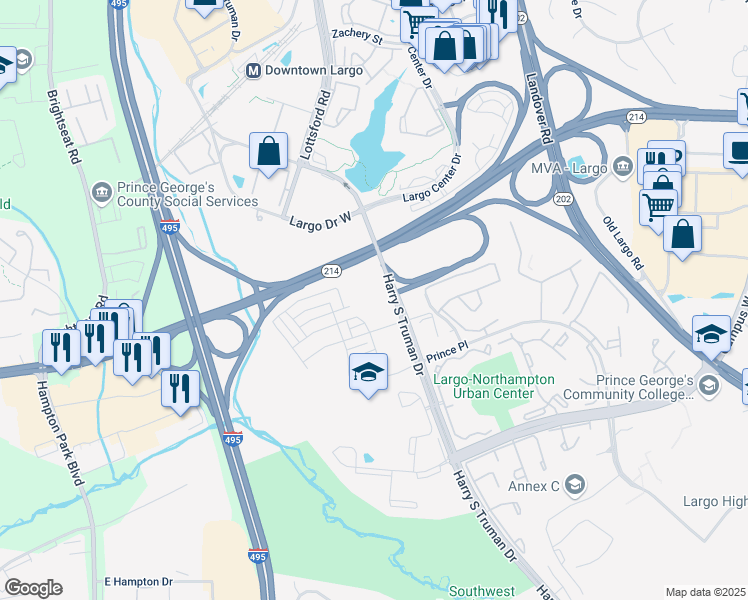 map of restaurants, bars, coffee shops, grocery stores, and more near 97 Capital Court in Largo