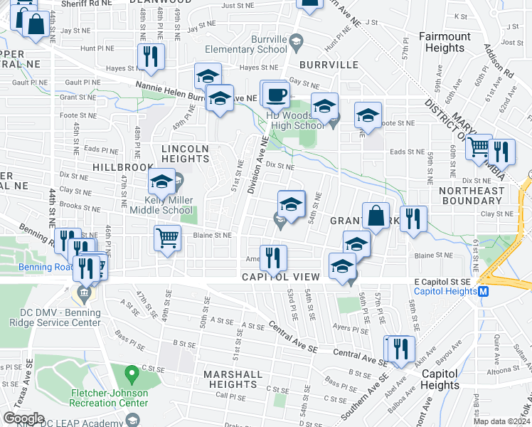 map of restaurants, bars, coffee shops, grocery stores, and more near 5216 Banks Place Northeast in Washington