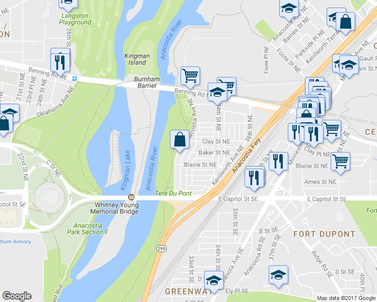 map of restaurants, bars, coffee shops, grocery stores, and more near 236 33rd Street Northeast in Washington