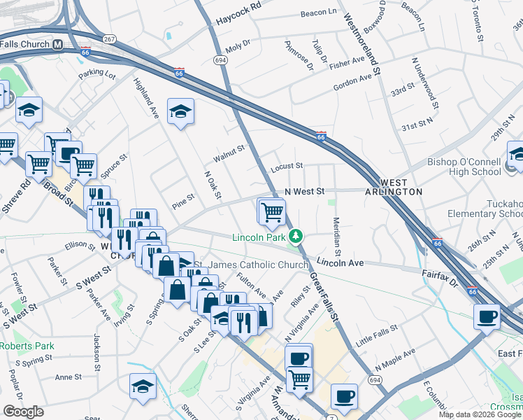 map of restaurants, bars, coffee shops, grocery stores, and more near 524 Greenwich Street in Falls Church