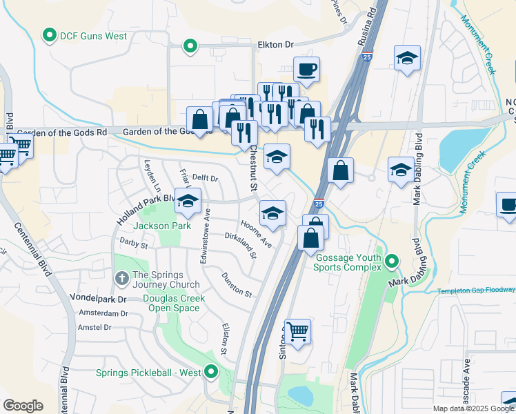 map of restaurants, bars, coffee shops, grocery stores, and more near 4353 North Chestnut Street in Colorado Springs