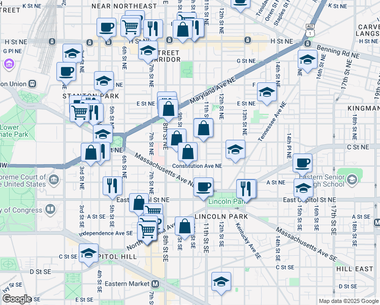 map of restaurants, bars, coffee shops, grocery stores, and more near 101 Independence Avenue Southeast in Washington