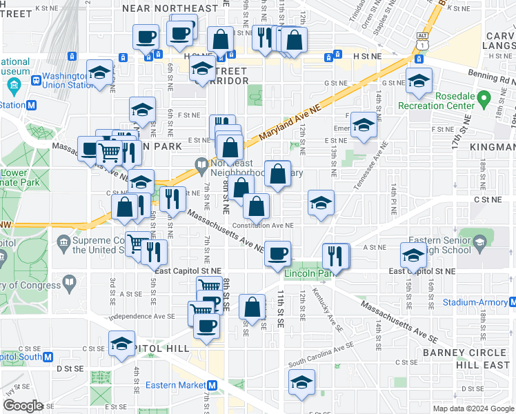 map of restaurants, bars, coffee shops, grocery stores, and more near 101 Independence Avenue Southeast in Washington