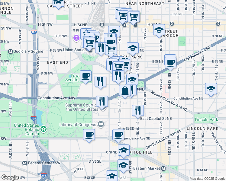 map of restaurants, bars, coffee shops, grocery stores, and more near 101 Independence Avenue Southeast in Washington