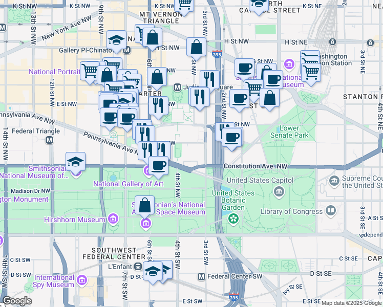 map of restaurants, bars, coffee shops, grocery stores, and more near 101 Independence Avenue Southeast in Washington