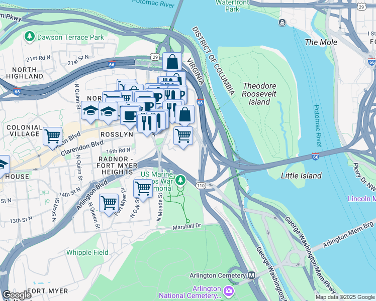 map of restaurants, bars, coffee shops, grocery stores, and more near 101 Independence Avenue Southeast in Washington