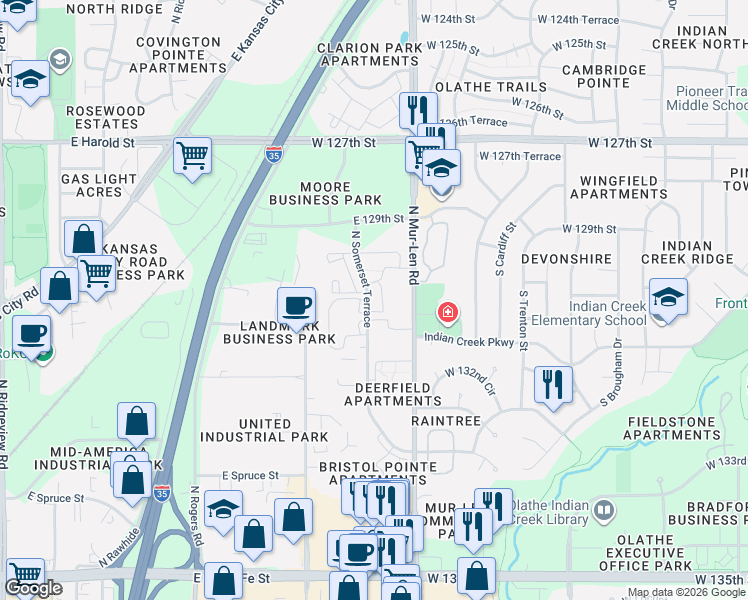 map of restaurants, bars, coffee shops, grocery stores, and more near 815 North Somerset Terrace in Olathe