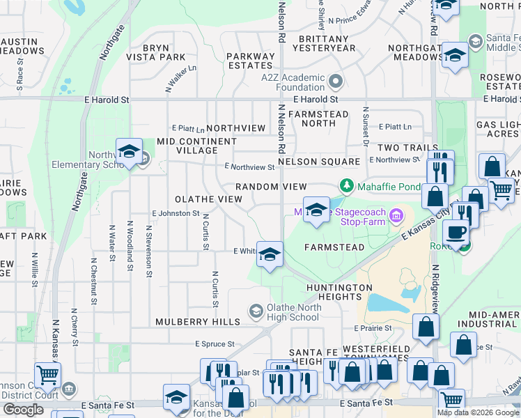 map of restaurants, bars, coffee shops, grocery stores, and more near 824 East Johnston Street in Olathe