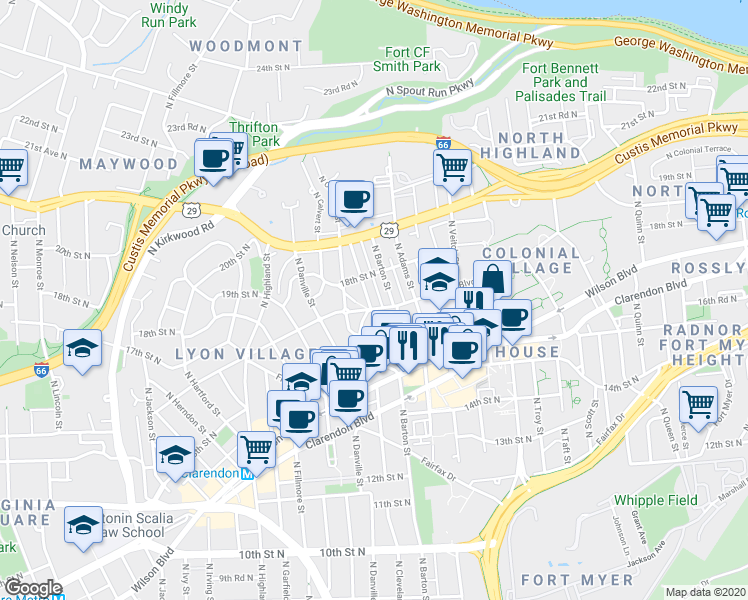 map of restaurants, bars, coffee shops, grocery stores, and more near 1701 N Bryan St in Arlington