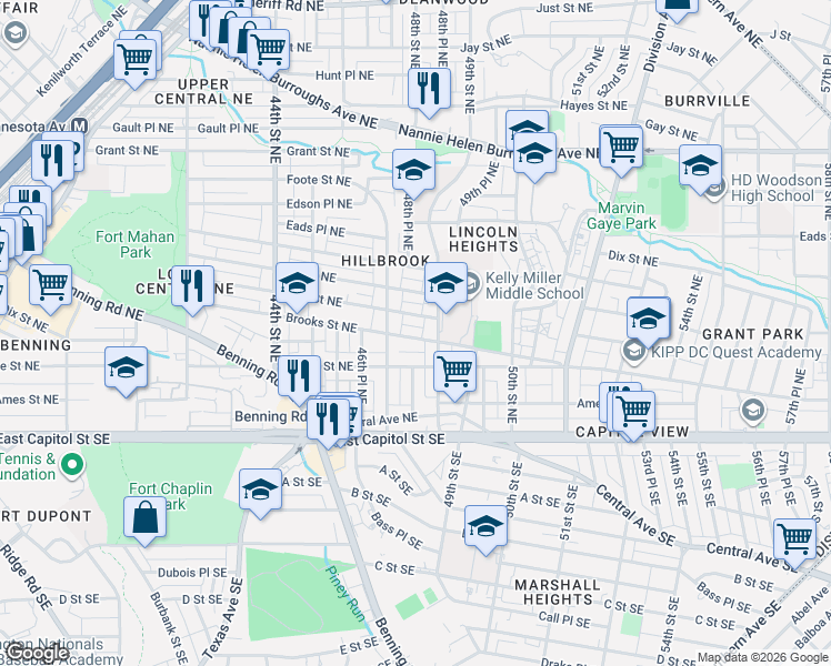 map of restaurants, bars, coffee shops, grocery stores, and more near 4854 Brooks Street Northeast in Washington