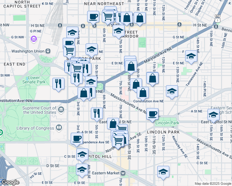 map of restaurants, bars, coffee shops, grocery stores, and more near 644 Massachusetts Avenue Northeast in Washington