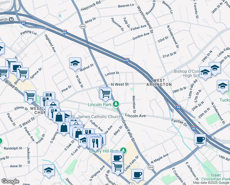 map of restaurants, bars, coffee shops, grocery stores, and more near 611 Oak Haven Drive in Falls Church
