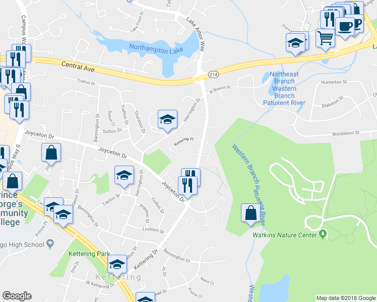 map of restaurants, bars, coffee shops, grocery stores, and more near 11304 Kettering Lane in Upper Marlboro