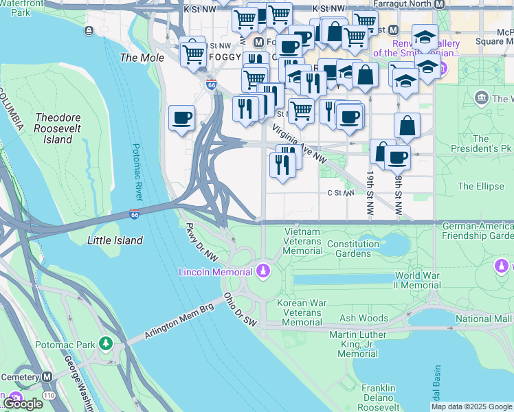 map of restaurants, bars, coffee shops, grocery stores, and more near 2301 Constitution Avenue Northwest in Washington