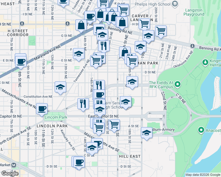 map of restaurants, bars, coffee shops, grocery stores, and more near 1605 North Carolina Avenue Northeast in Washington