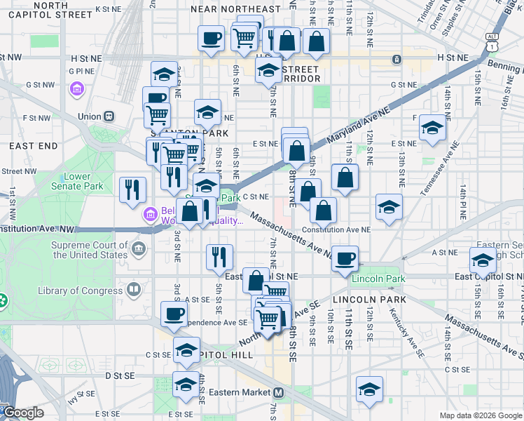 map of restaurants, bars, coffee shops, grocery stores, and more near 101 Independence Avenue Southeast in Washington