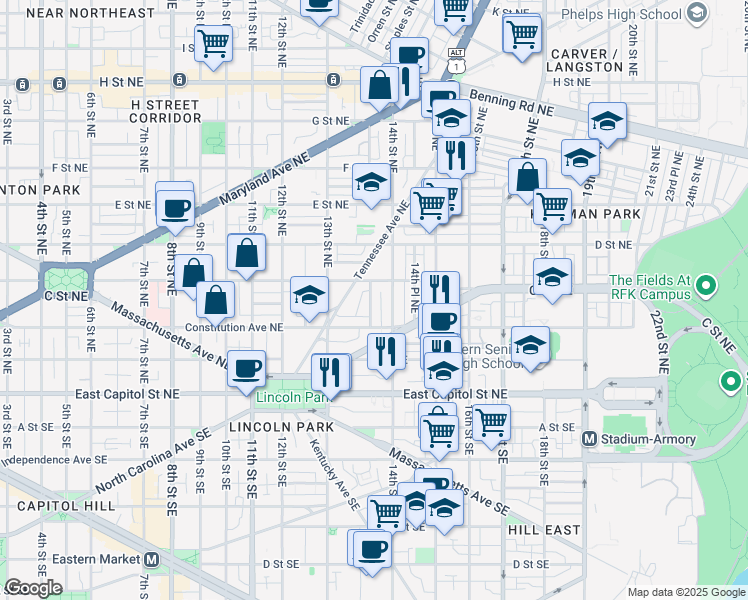 map of restaurants, bars, coffee shops, grocery stores, and more near 101 Independence Avenue Southeast in Washington