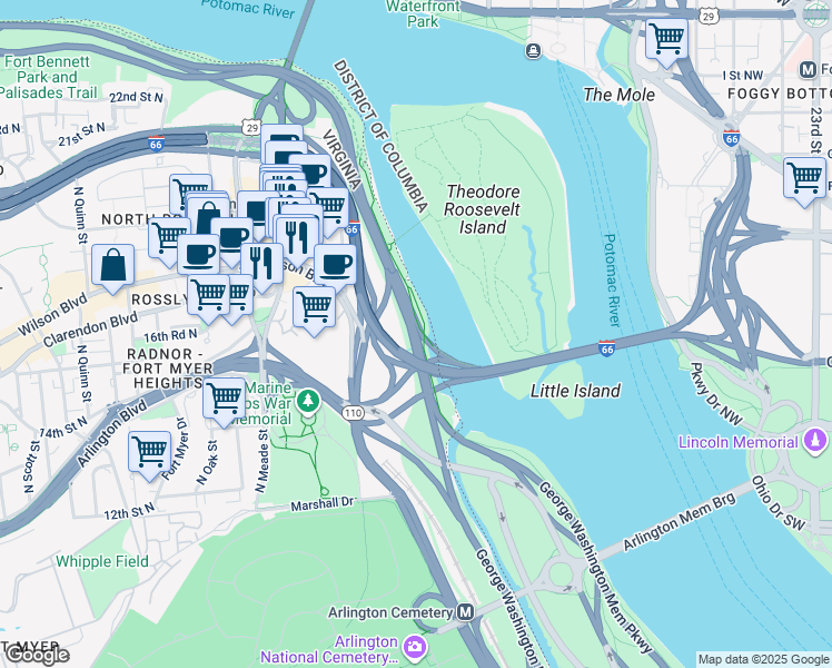 map of restaurants, bars, coffee shops, grocery stores, and more near George Washington Memorial Parkway in Washington