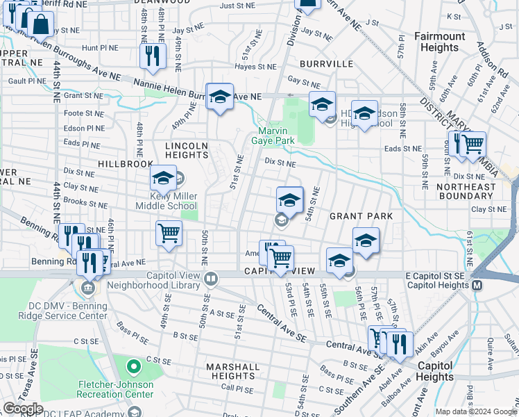map of restaurants, bars, coffee shops, grocery stores, and more near 5210 Banks Place Northeast in Washington
