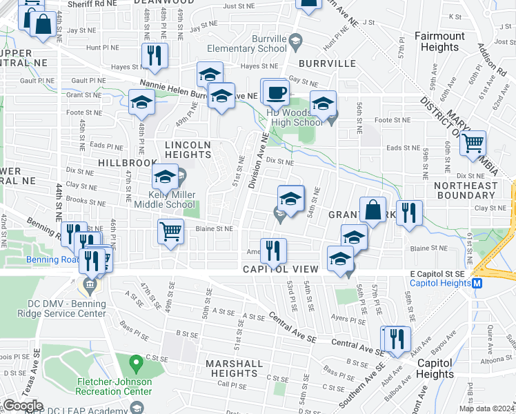 map of restaurants, bars, coffee shops, grocery stores, and more near 5206 Banks Place Northeast in Washington