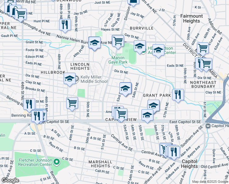 map of restaurants, bars, coffee shops, grocery stores, and more near 5216 Banks Place Northeast in Washington