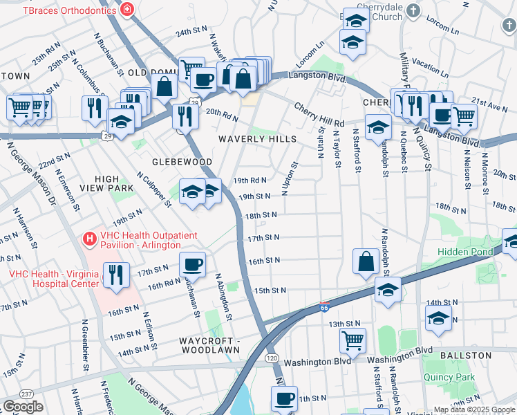map of restaurants, bars, coffee shops, grocery stores, and more near 1811 North Wakefield Street in Arlington