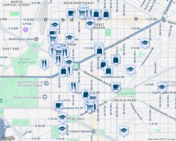 map of restaurants, bars, coffee shops, grocery stores, and more near 101 Independence Avenue Southeast in Washington