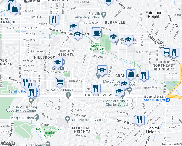 map of restaurants, bars, coffee shops, grocery stores, and more near 5208 Banks Place Northeast in Washington