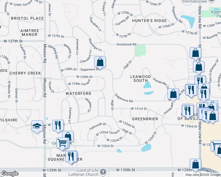 map of restaurants, bars, coffee shops, grocery stores, and more near 12913 Canterbury Road in Leawood