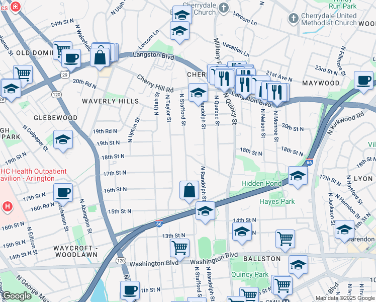 map of restaurants, bars, coffee shops, grocery stores, and more near 1803 North Stafford Street in Arlington