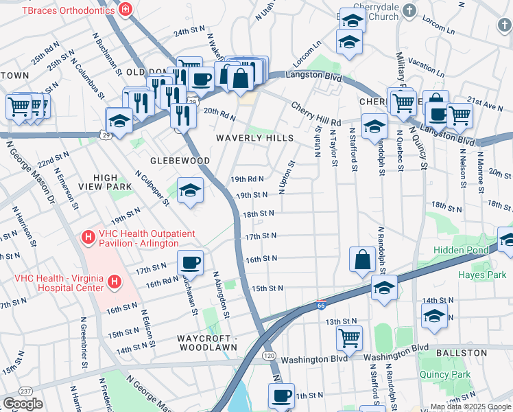 map of restaurants, bars, coffee shops, grocery stores, and more near 1811 North Wakefield Street in Arlington